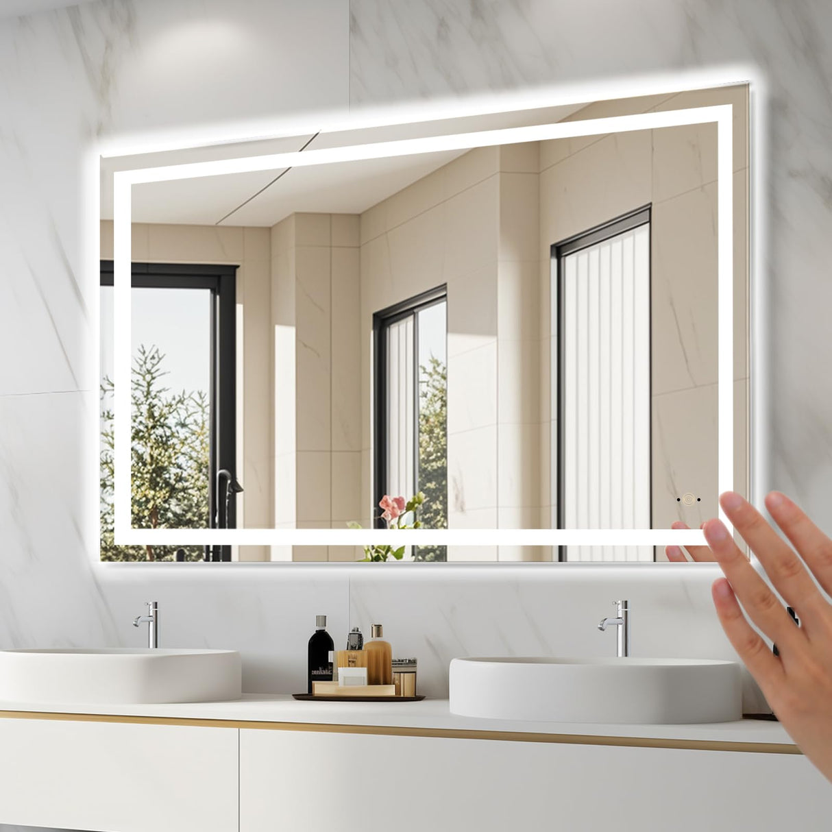 32x40 LED Bathroom Mirror with Hand Wave Sensor - Dimmable Anti-Fog Wall Mount
