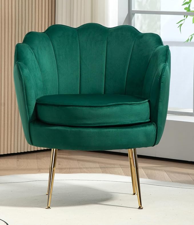 Velvet Barrel Accent Chair with Scalloped Silhouette and Gold Metal Legs, Decorative Piece Suitable for Traditional, Modern, and Contemporary Spaces, Mustard Yellow