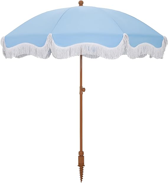 7 ft Heavy Duty Beach Umbrella with Sand Anchor, Fringe Umbrella for Sand