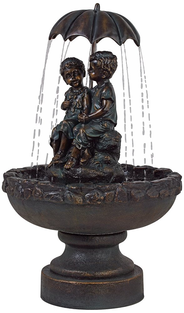Boy and Girl Under Umbrella Outdoor Floor Water Fountain 40" High Copper Green Bronze Resin for Garden Patio Yard Deck Home Lawn Porch House Relaxation Exterior Balcony Roof - John Timberland