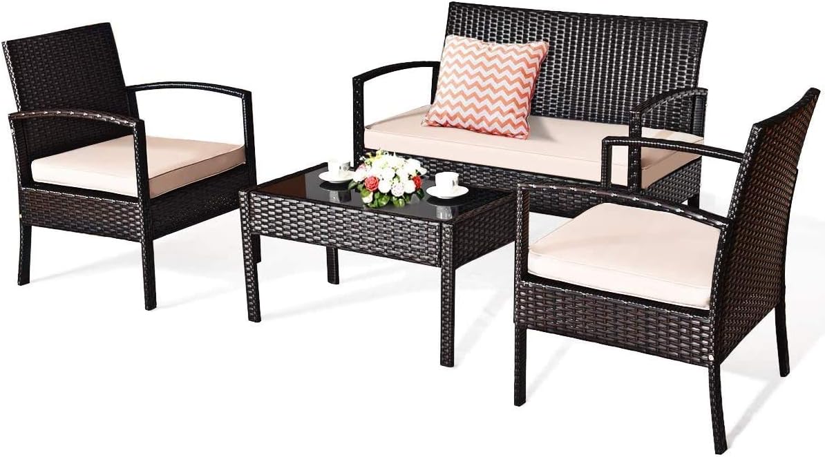 4 Pieces Patio Furniture Set Rattan Conversation Set Wicker Lawn Table and Chair Set