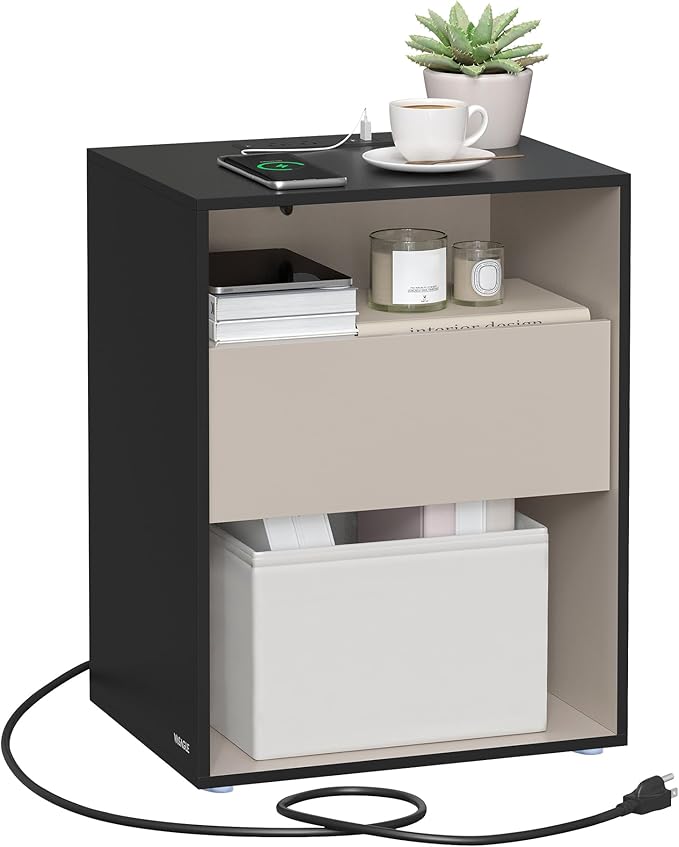 Superfast Toolless Assembly, Nightstand, Bedside Table with Charging Station