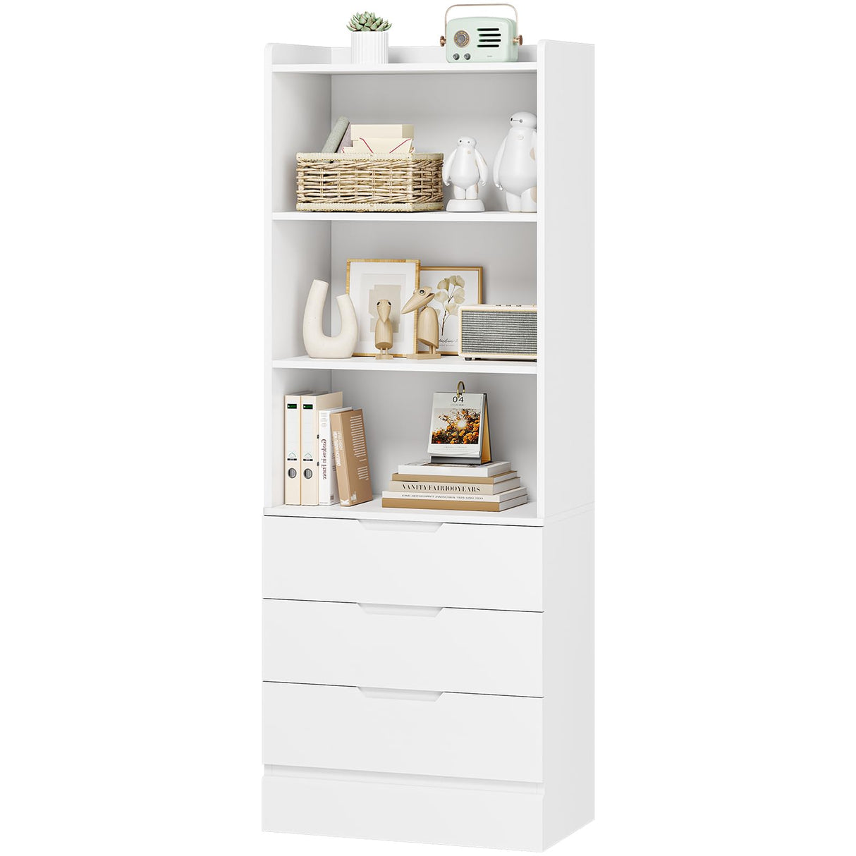 73.23'' Tall Storage Cabinet Bookcase with 3 Drawers and 3-Tier Open Shelves Wooden Bookshelf Kitchen Pantry