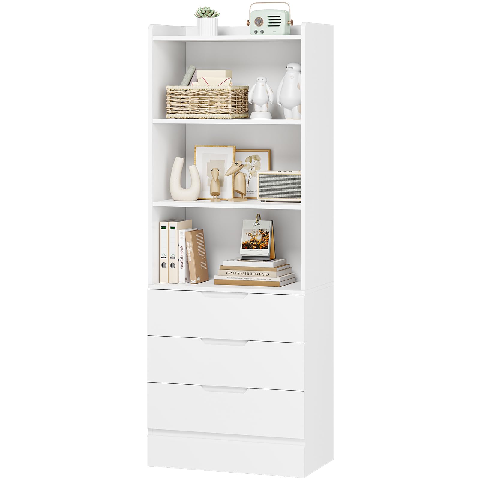 73.23'' Tall Storage Cabinet Bookcase with 3 Drawers and 3-Tier Open Shelves Wooden Bookshelf Kitchen Pantry