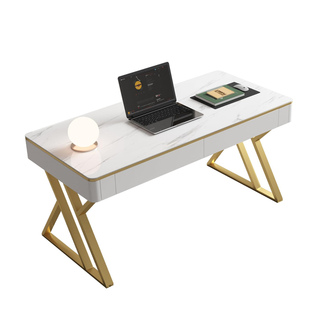 Modern Office Computer Desk with Tempered Glass Top & Marble Pattern