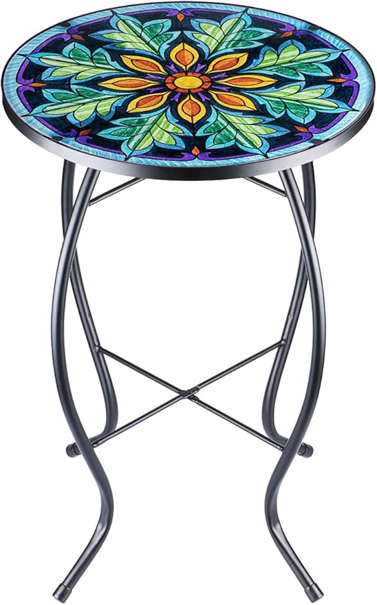 Sunflower Outdoor Side Table, Mosaic Design, Small Glass Top, Round, Patio Side Table