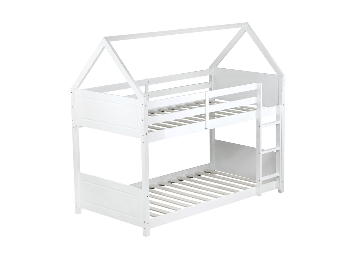 Twin Over Twin House Floor Bunk Bed, Wooden Bunk Bed with Headboards, Footboards, Guardrails and Ladder, Space-Saving Design, Safety Guaranteed, White