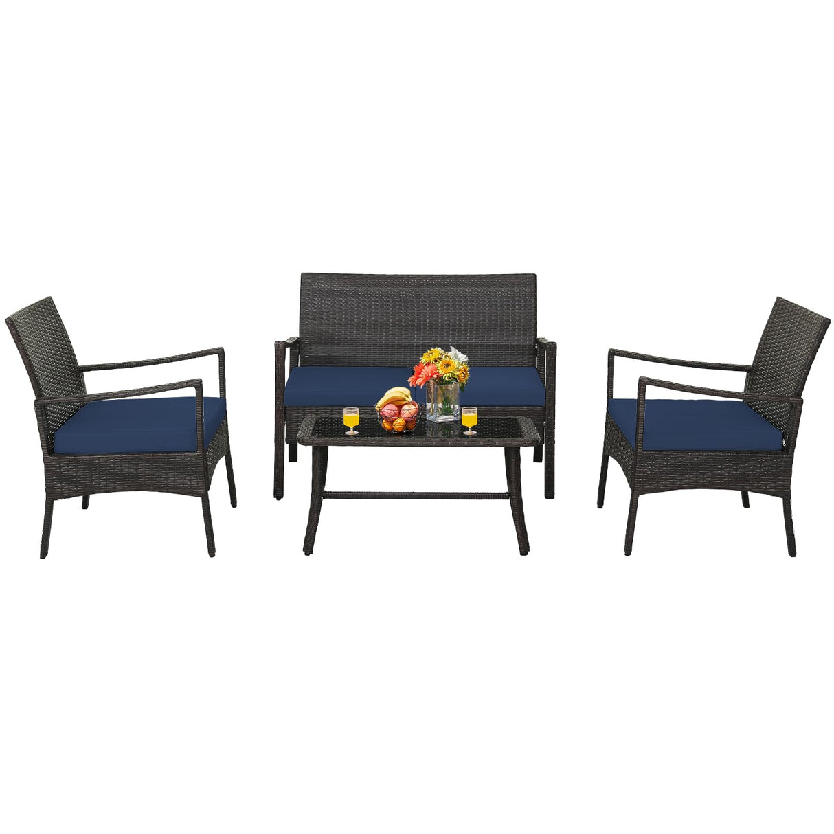 4-Piece Rattan Patio Conversation Set with Tempered Glass Coffee Table
