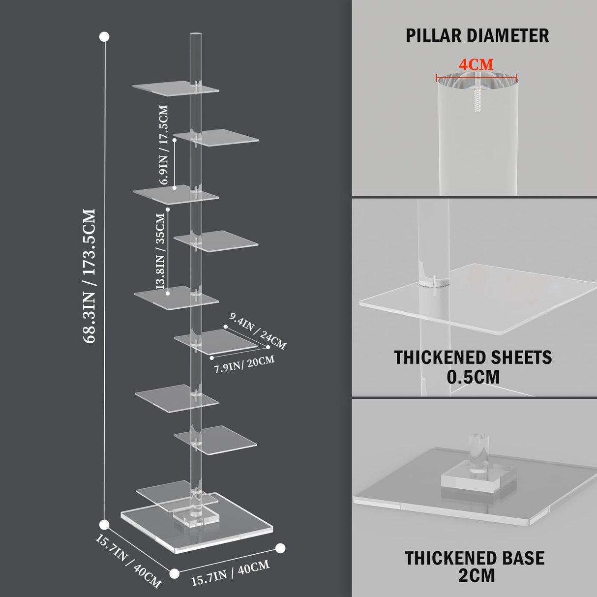 9 Tier Acrylic Bookshelf Invisible Bookshelf, Height Adjustable Vertical Spine Book Tower, Floor Standing Bookcase Display Shelf for Books,Decor, DIY Open Bookcase for Living Room, Office