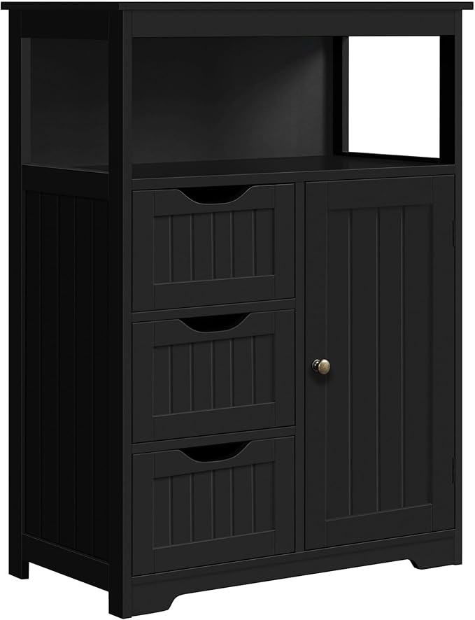 Bathroom Floor Cabinet Wooden Storage Organizer with 1 Door and 3 Drawers, Free-Standing Cupboard