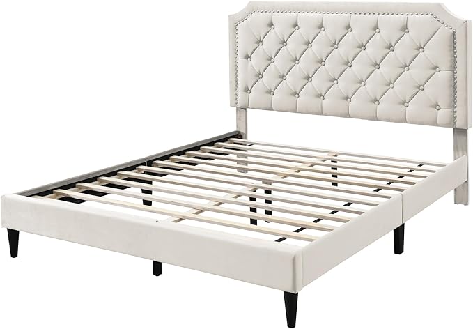 Queen Size Bed Frame, Velvet Upholstered Platform Bed, Modern Tufted Buttoned Design