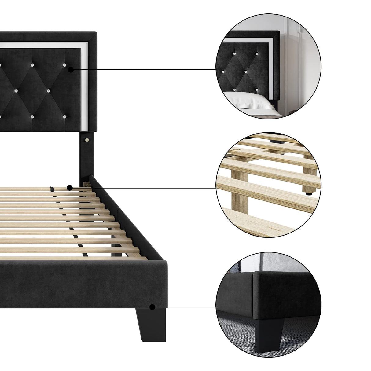 LuxeLift Full Platform Bed Frame with Adjustable Headboard & Diamond Tufting