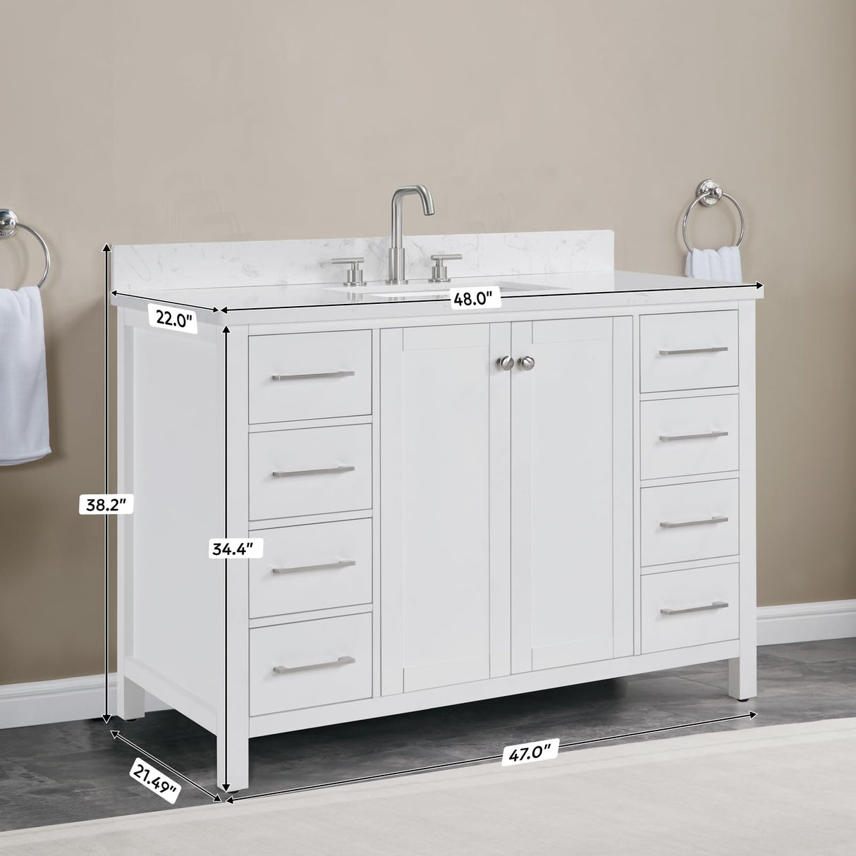 48" White Bathroom Vanity with Sink, Solid Wood Vanity Cabinet