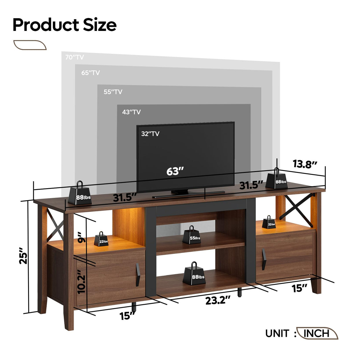 Farmhouse TV Stand for 70 Inch TV with LED Lights - 63 Inch Entertainment Center