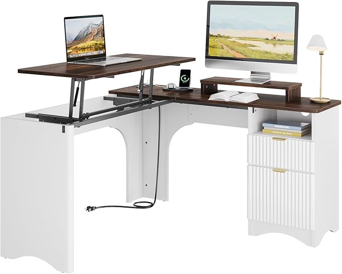 Bestier L Shaped Desk with Lift Desktop, 55 inch Corner Desk with Fluted Panel Deisgn Drawers, Modern Office Desk with File Drawer (Natual Oak, 55'' x 55'' Lift Top)