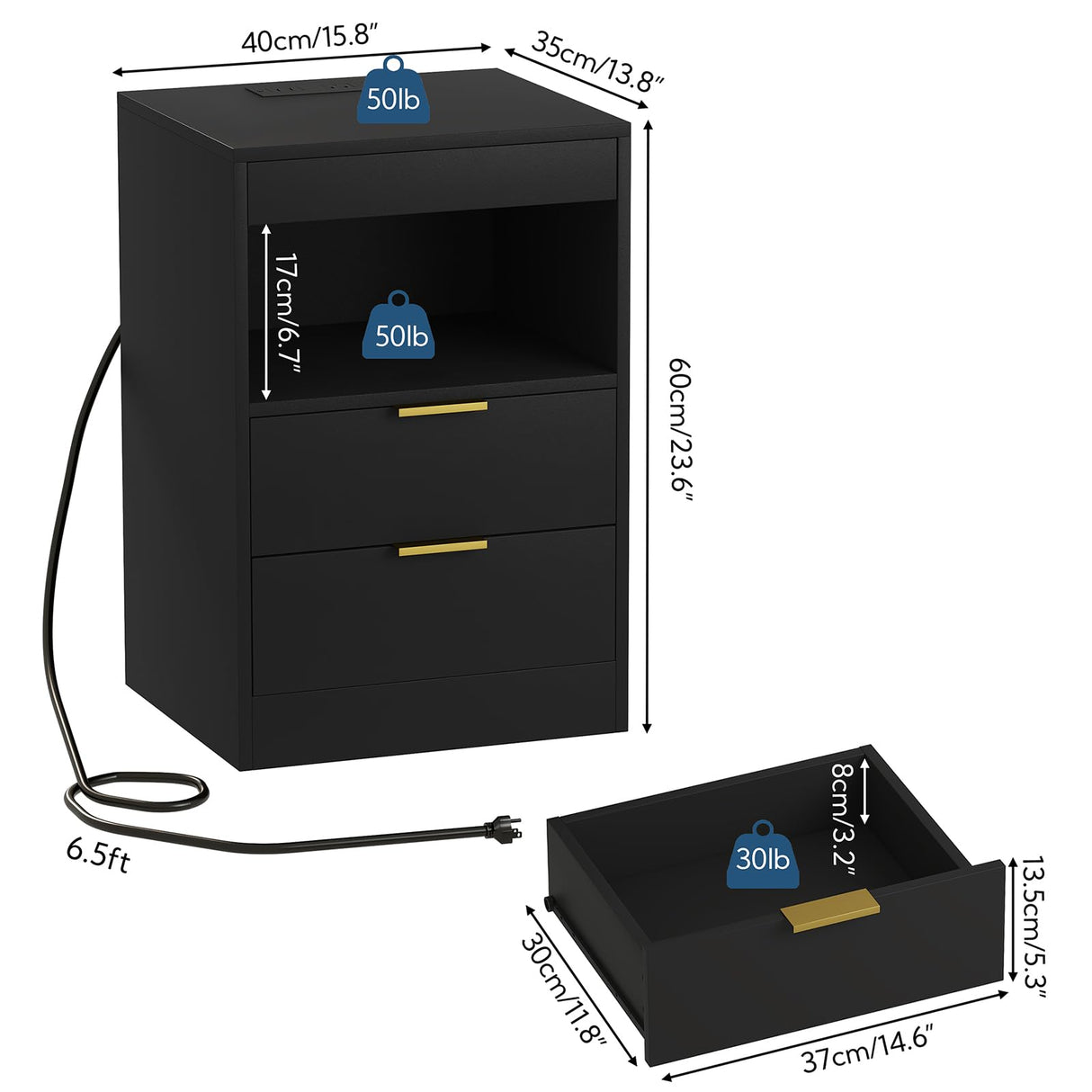 Night Stand, Bedside Table, LED Nightstand with Charging Station, Modern Night Stand