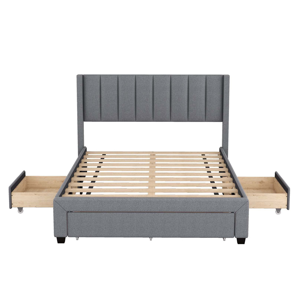 Upholstered Platform Bed with a Large Drawer in Footboard and 2 Drawer on Side,