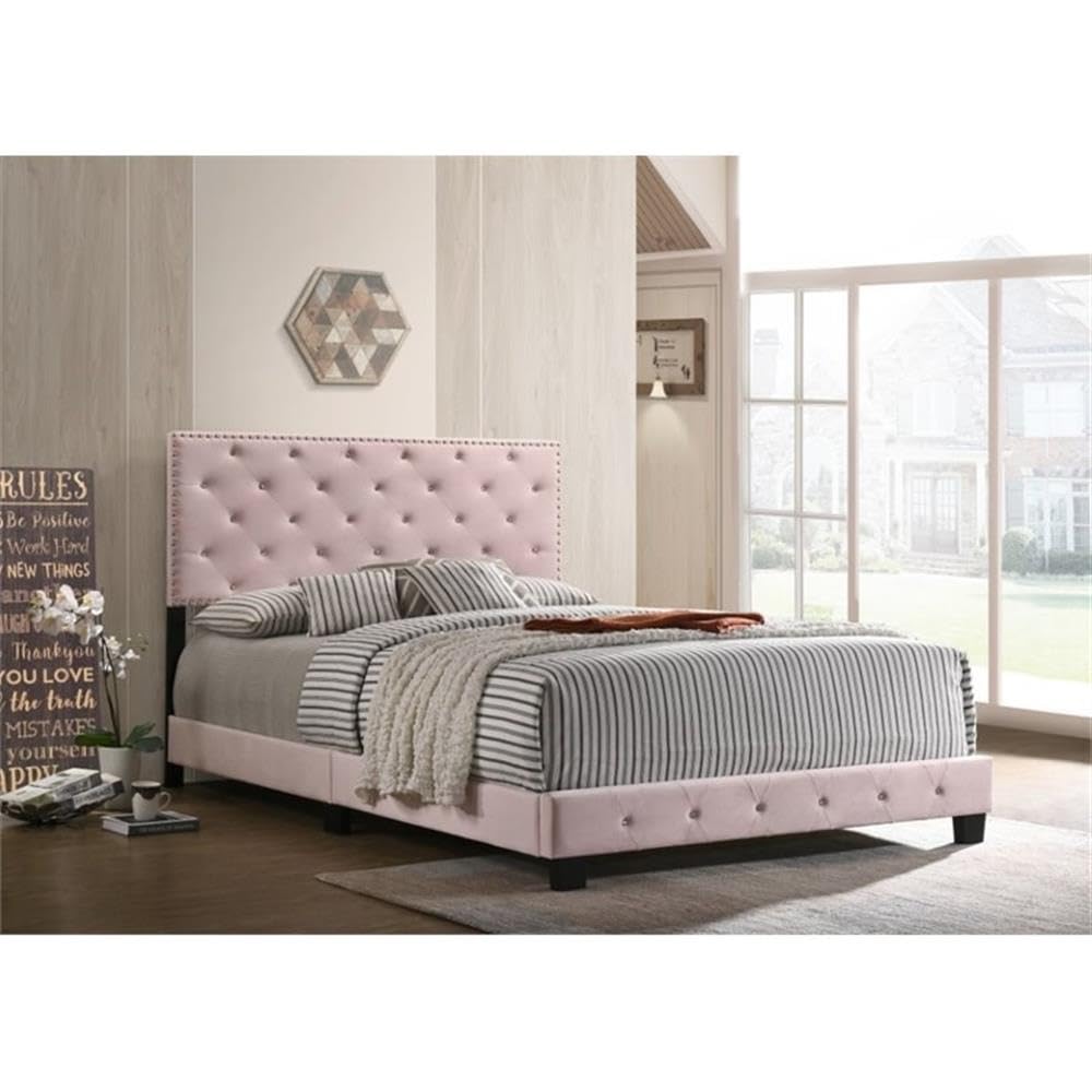 Suffolk Velvet Upholstered Queen Bed in Pink