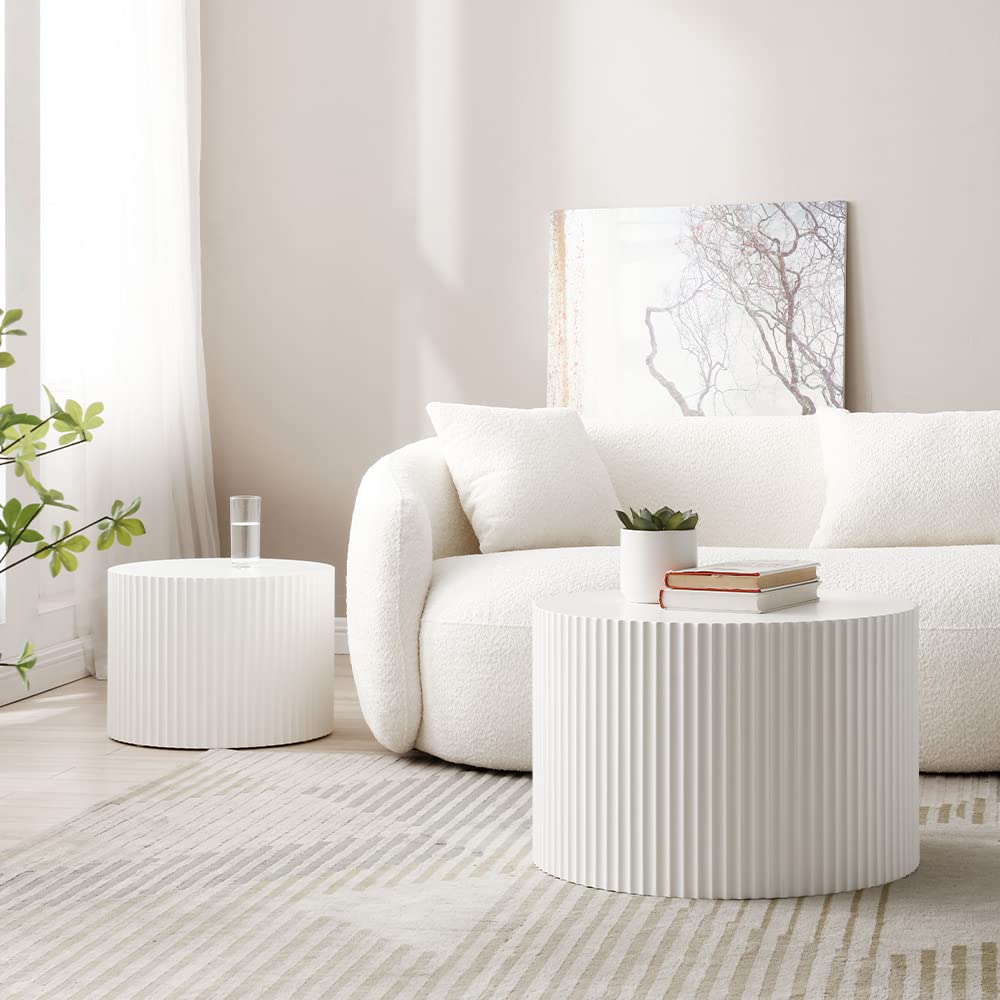 White Round Coffee Table Set of 2, Nesting Coffee Tables for Living Room