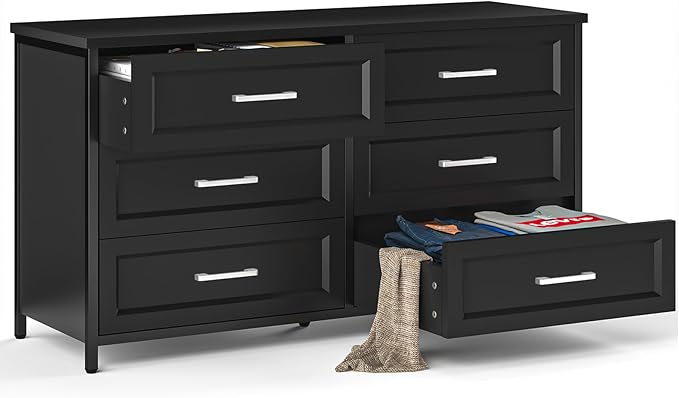 6 Drawer Double Dresser for Bedroom, Wood Storage Dresser Clothes Organizer
