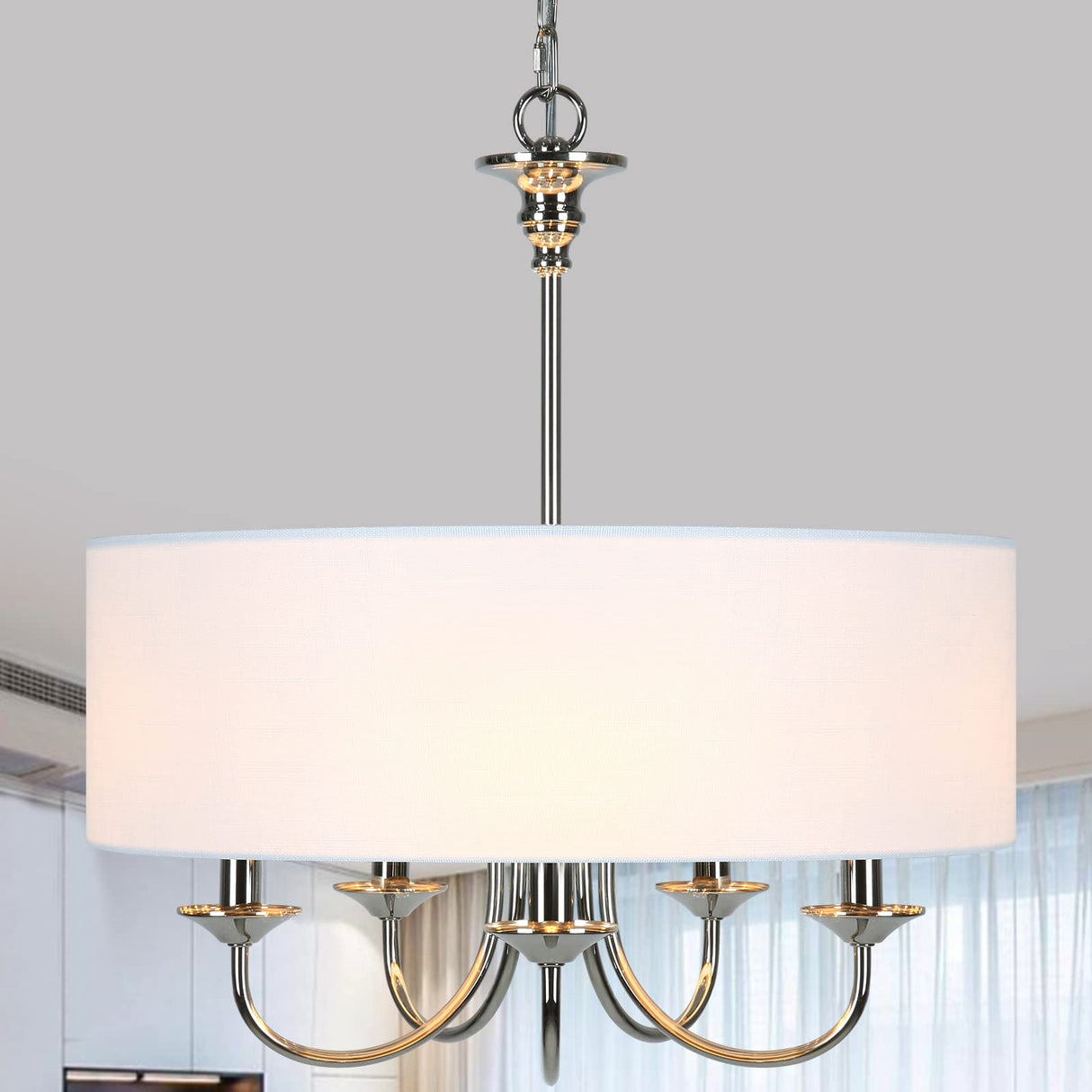 5-Light Traditional Chandelier with White Linen Drum Shade, Drum Chandelier