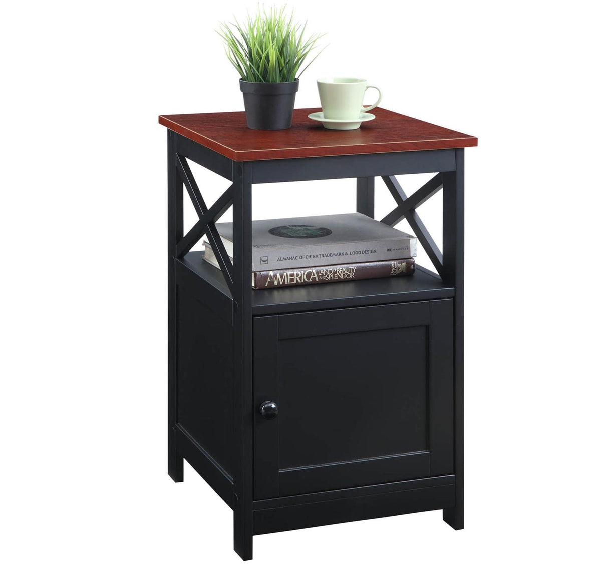 Oxford End Table with Storage Cabinet and Shelf, Cherry/Black