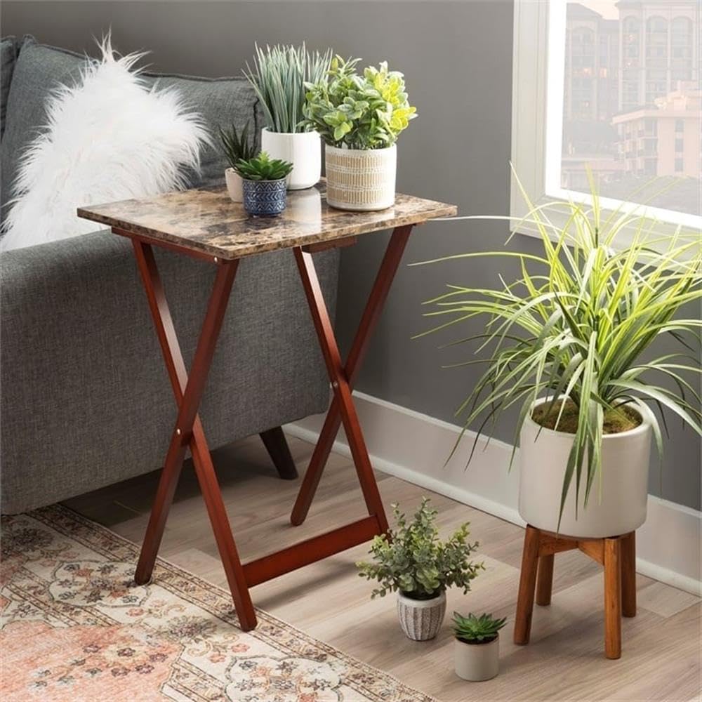 StoneCraft 5-Piece Faux Marble Folding Tray Table Set with Wooden Stand