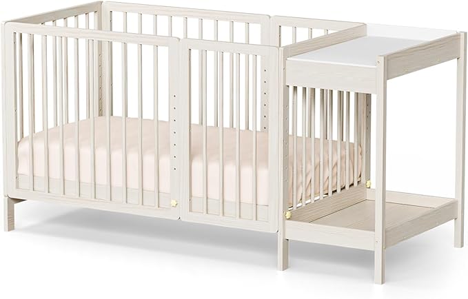 Crib with Changing Table and Pad, 8 in 1 Convertible Crib with Changer, Include 2ā Mattress, Converts to Bassinet, Mid Crib, Full Size Crib, Daybed,Toddler Bed and Playard (White)