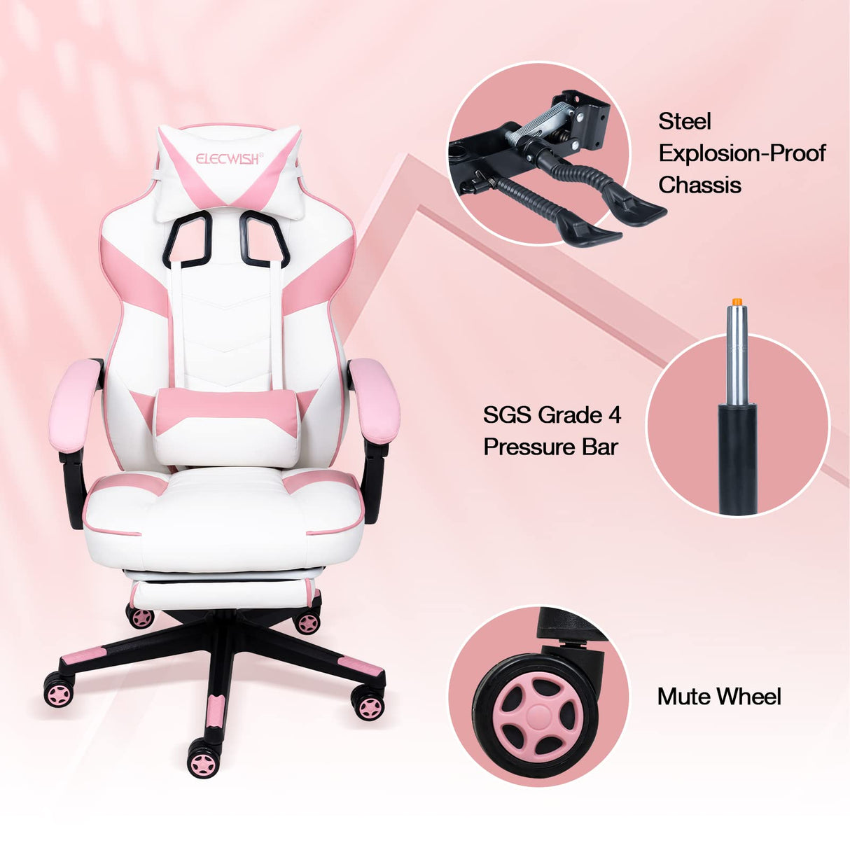 Pink Kawaii Gaming Chair with Lumbar Support