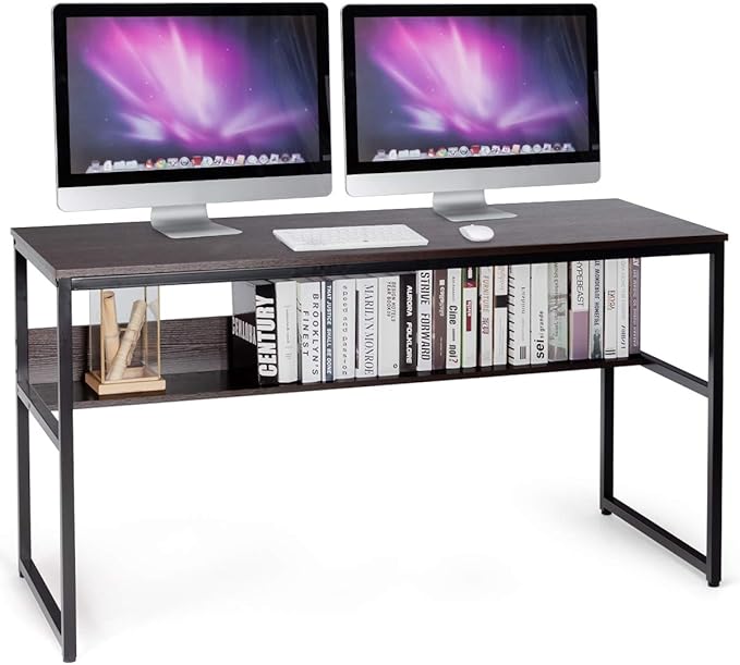 55 Inches Computer Desk with Bookshelf, Study Writing Table w/Storage Shelf & Sturdy Metal Frame