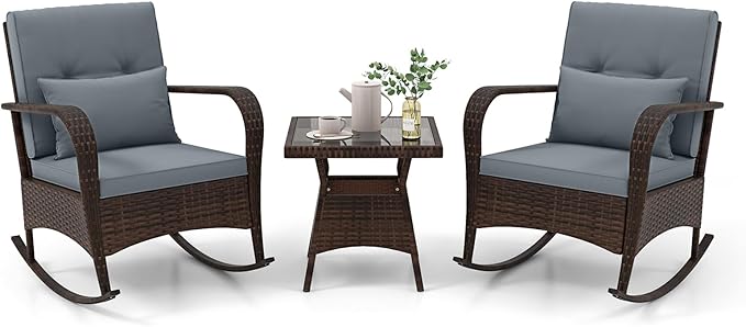 3 Pieces Rocking Bistro Set, Patiojoy Outdoor PE Rattan Rocker Chairs with Removable