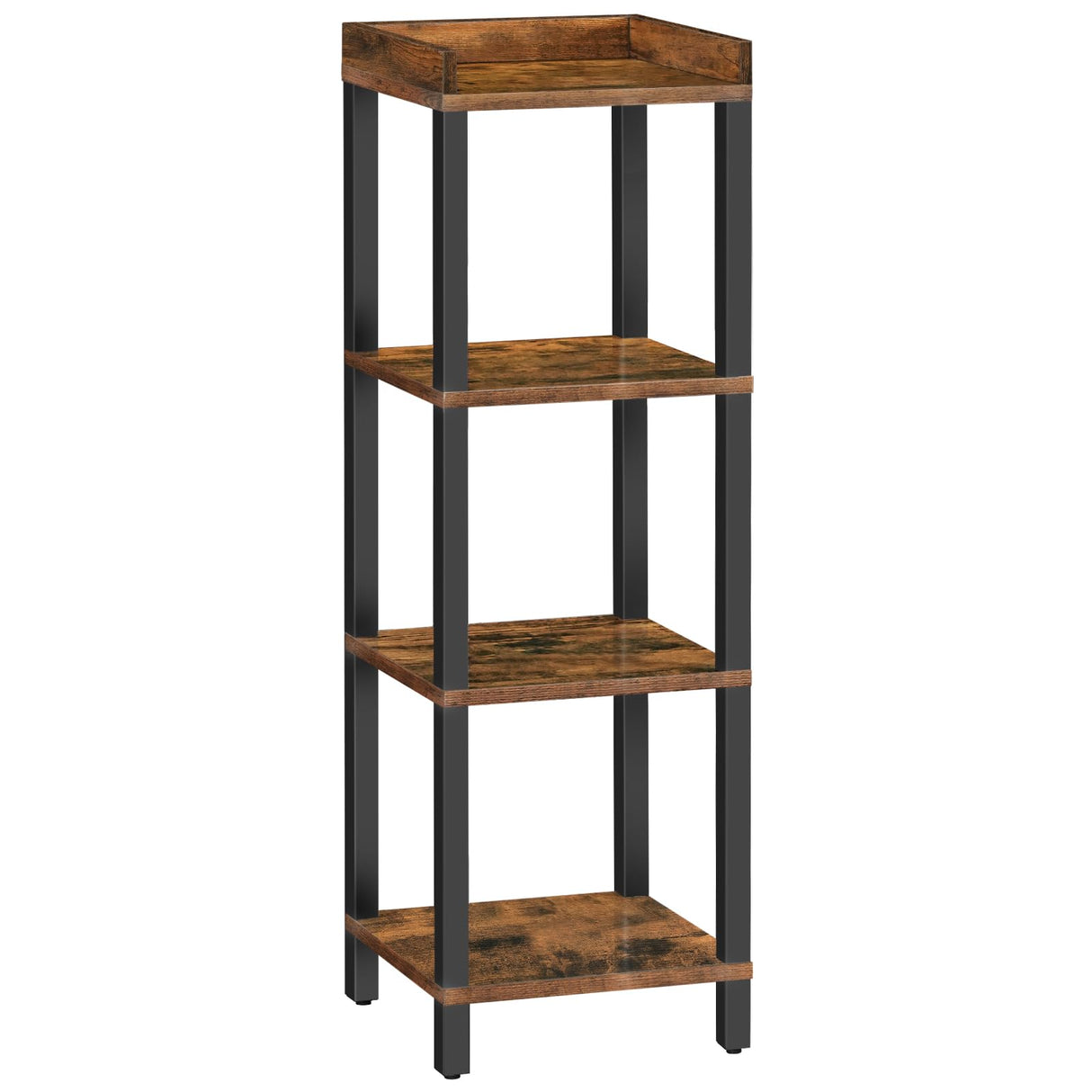 Small Bookcase, Industrial Style Bookshelf for Narrow Spaces, 4-Tier Square Book Shelf Stand, Wooden Storage Rack Display Shelf, Corner Shelf for Living Room, Rustic Brown and Black BF08CJ01