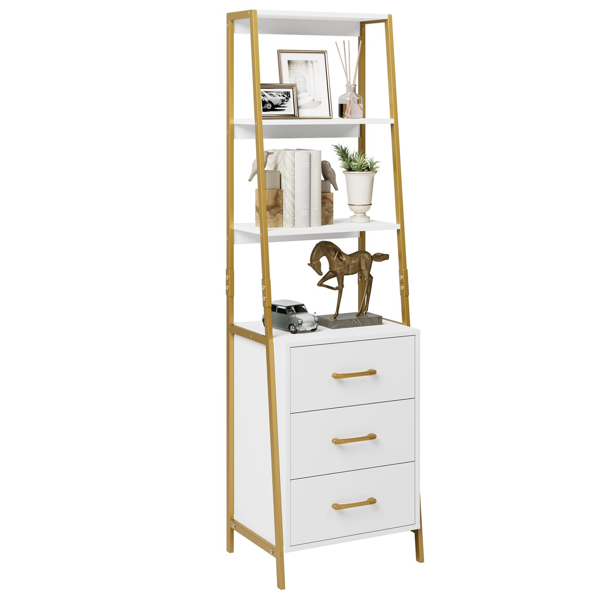 4-Tier Bookshelf, Tall Bookcase with 3 Wooden Drawers, Modern Ladder Book Shlef Storage Organizer for Living Room, Entryway, Office, White Gold