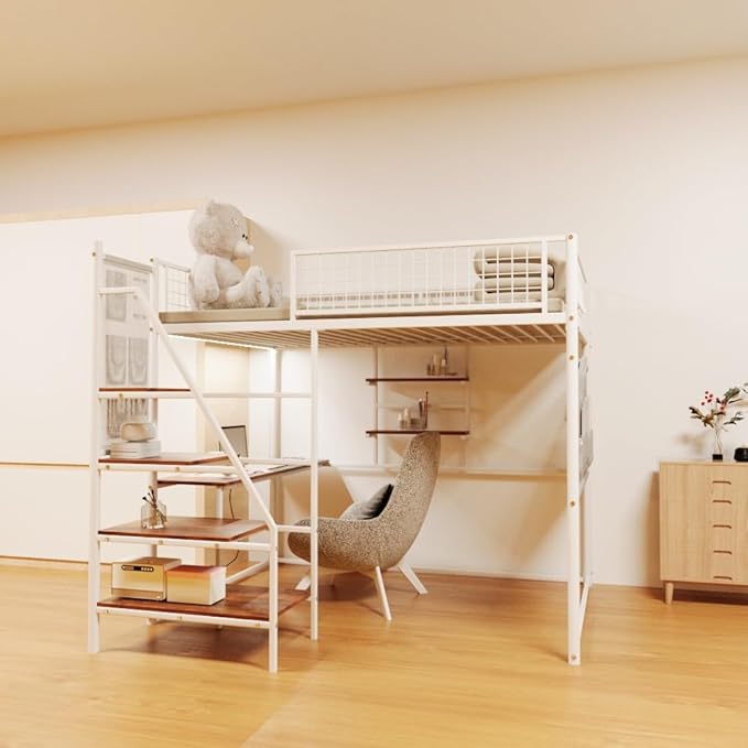 Twin Loft Bed with Desk, Charging Station, LED Lights & Storage – Perfect for Teen Bedrooms,