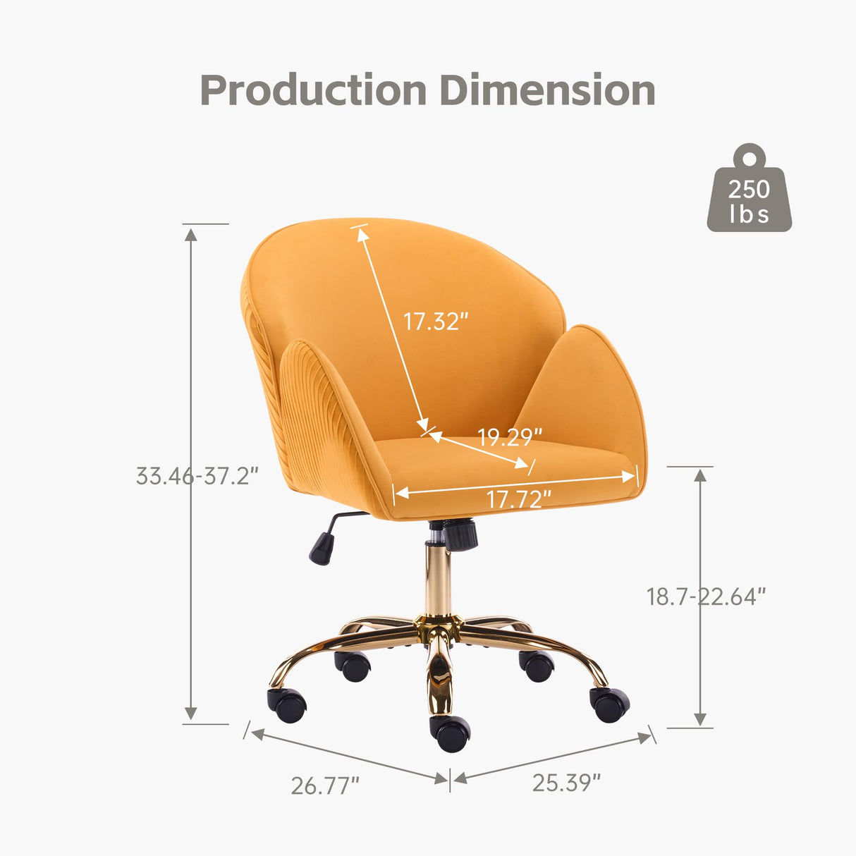 Velvet Home Office Desk Chair with Gold Wheels - Mustard