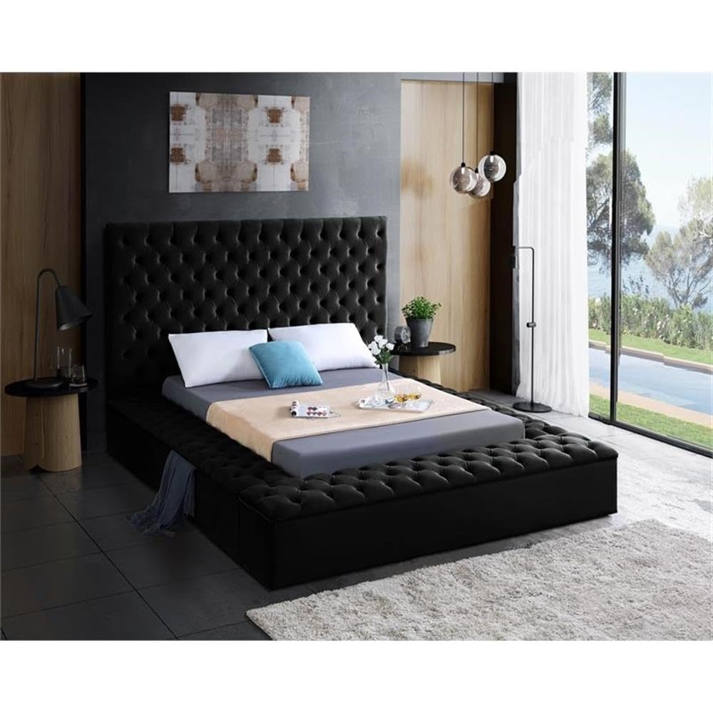 Modern Solid Wood Tufted Velvet Queen Bed in Black