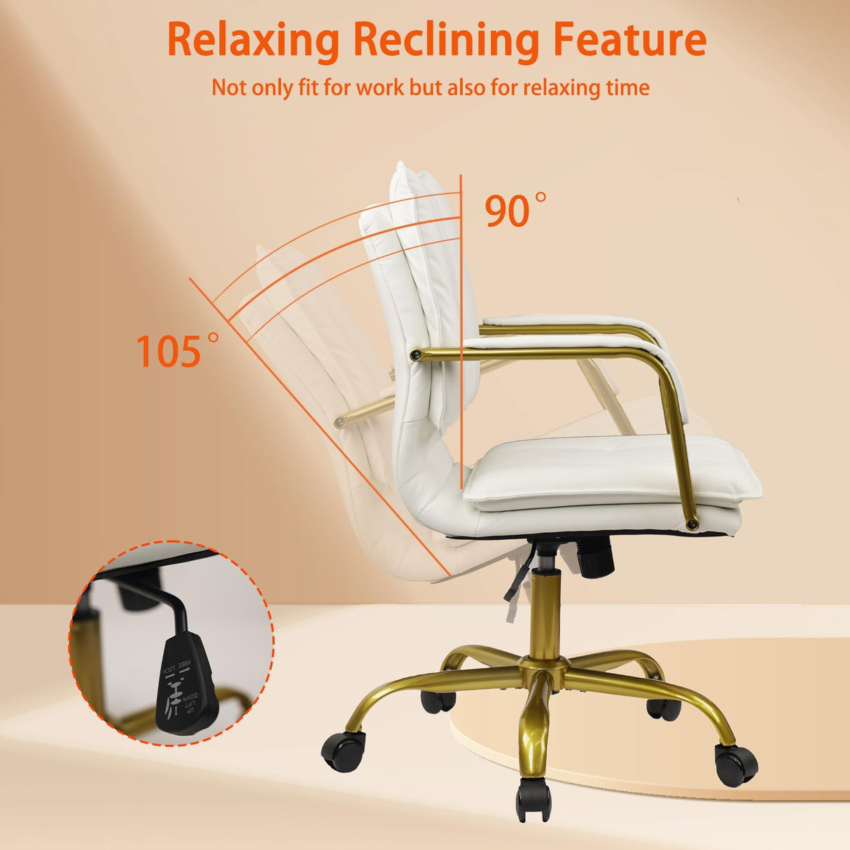 Leather Mid-Back Office Chair with Golden Accents - White