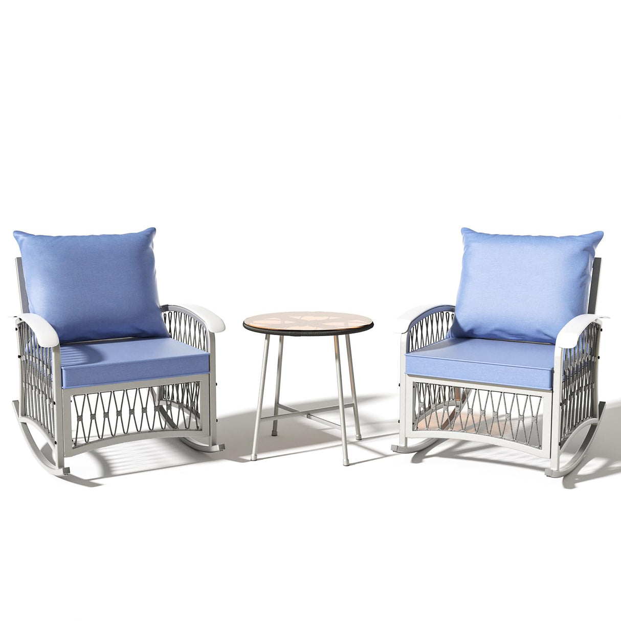 Outdoor Rocking Chairs Patio Bistro Set - 3 Piece with Glass Table & Cushions