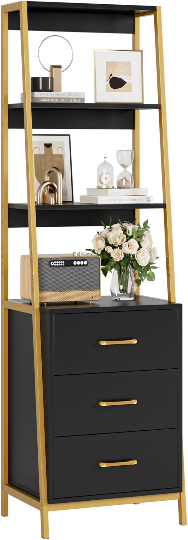 4-Tier Bookshelf, Tall Bookcase with 3 Wooden Drawers, Modern Ladder Book Shlef Storage Organizer for Living Room, Entryway, Office, White Gold