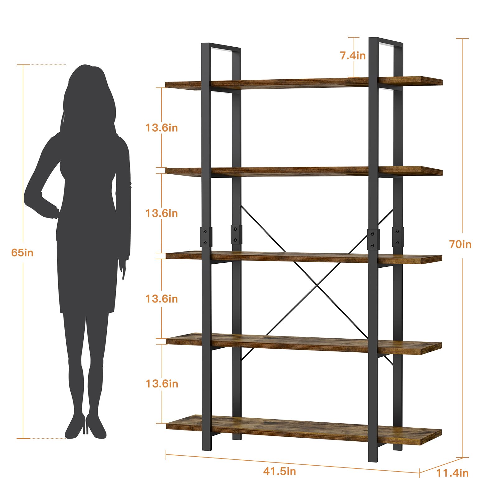 5 Tier Bookshelf, 70 inch Tall Solid Bookcase Industrial Wooden Bookshelves