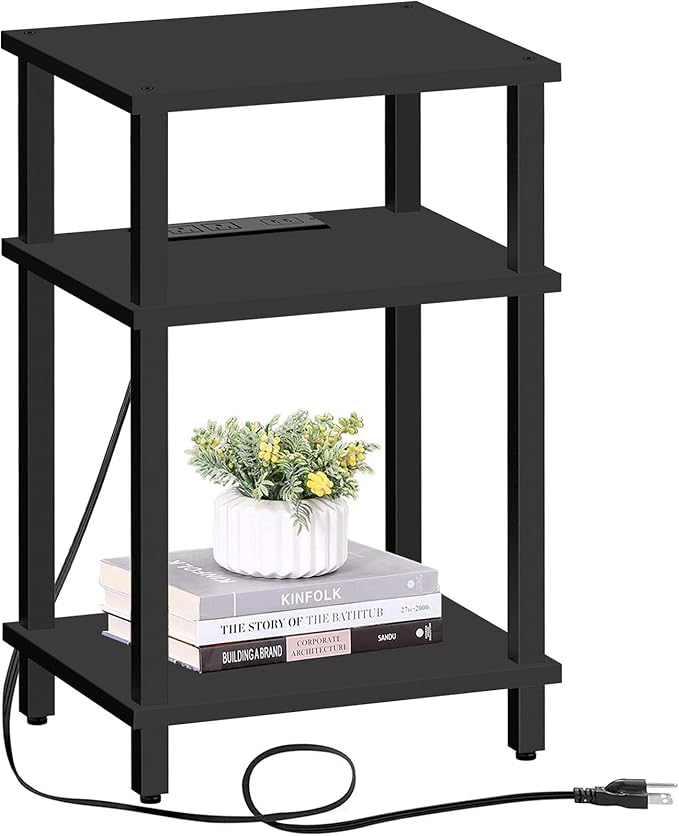 End Table with Charging Station, Side Table with USB Ports and Outlets, Nightstand, 3