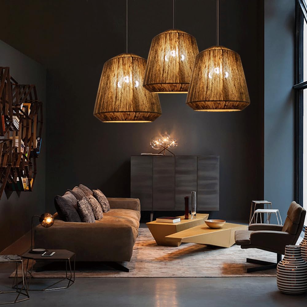 BAICXT Bohemian Studio Pendant Light Hand-Woven Hemp Rope Hanging Lamp for Farmhouse Dining Room Chandeliers Rustic Bar Front Desk Living Room Bedroom Loft Decor Lighting Fixture (E27 Lampholder)