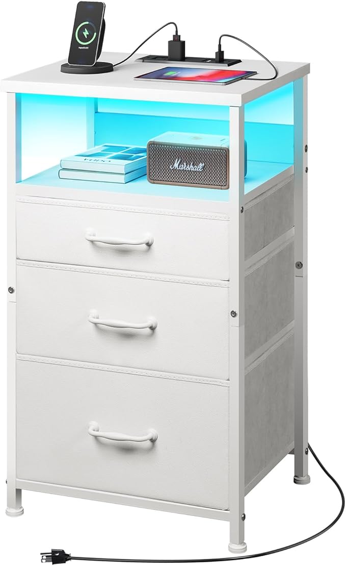 Nightstand with Charging Station, LED Night Stand