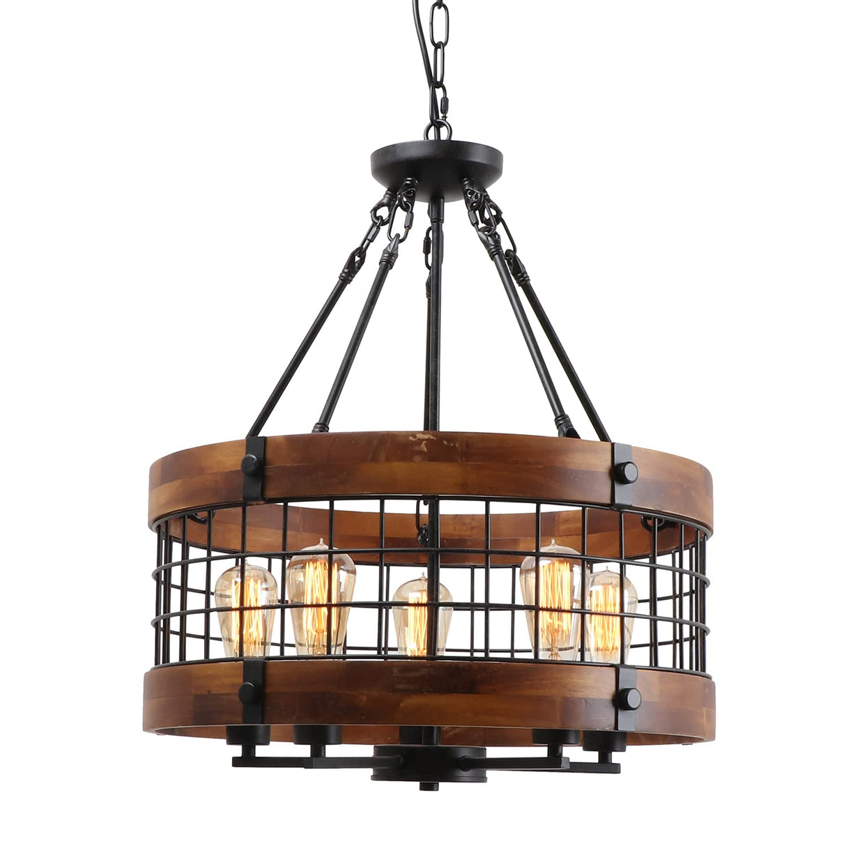 Farmhouse Chandelier for Dining Room, 5-Light Rustic Round Wood Metal Chandelier