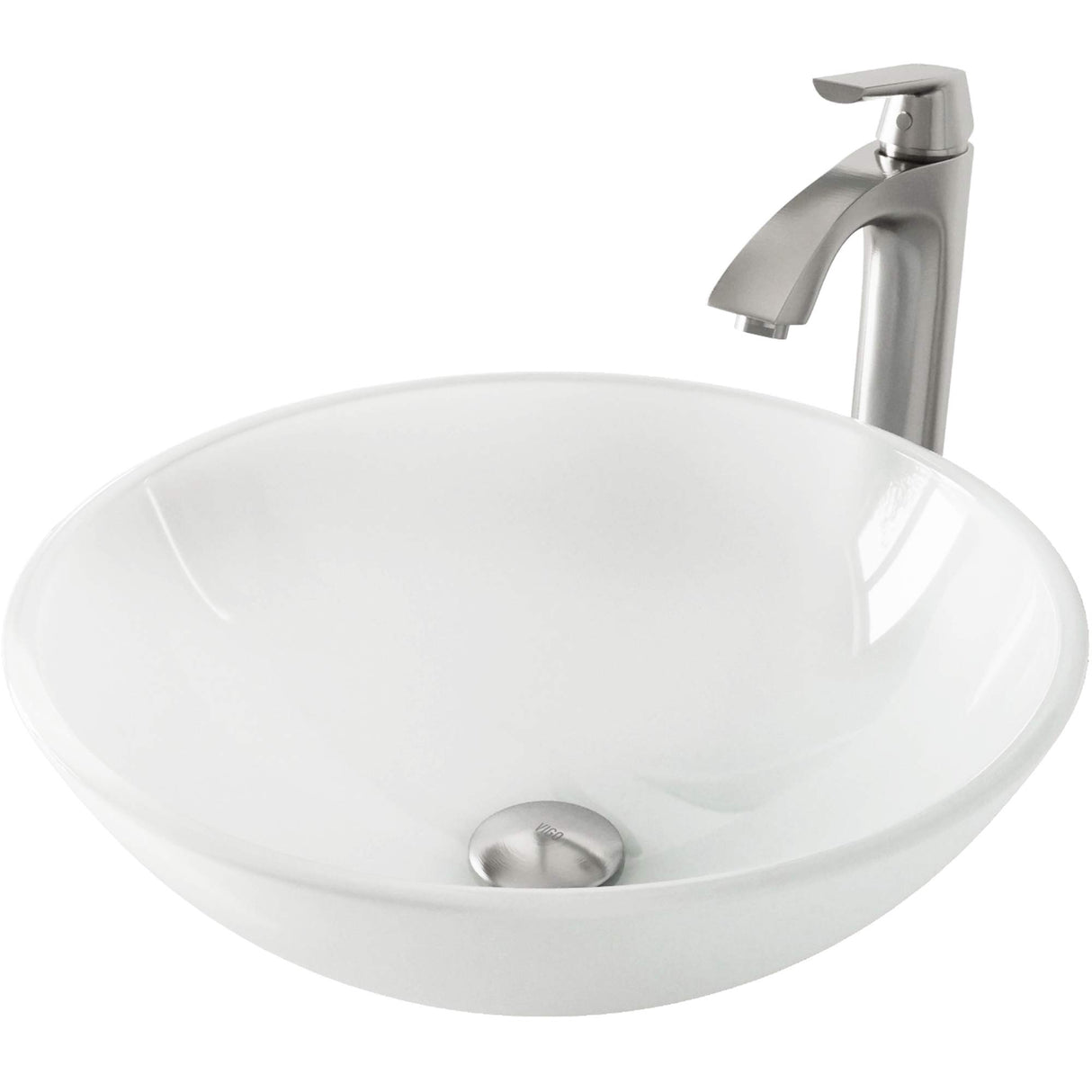 VIGO 17" L -17" W -12" H White Frost Glass Round Vessel Sink Set with Faucet and Drain