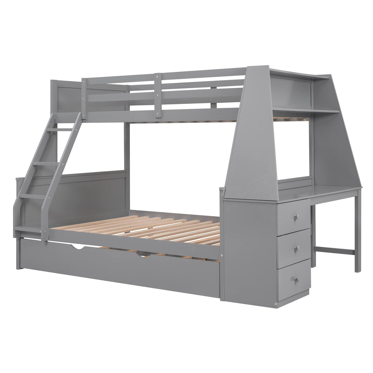 Twin Over Full Bunk Bed with Trundle and Built-in Desk