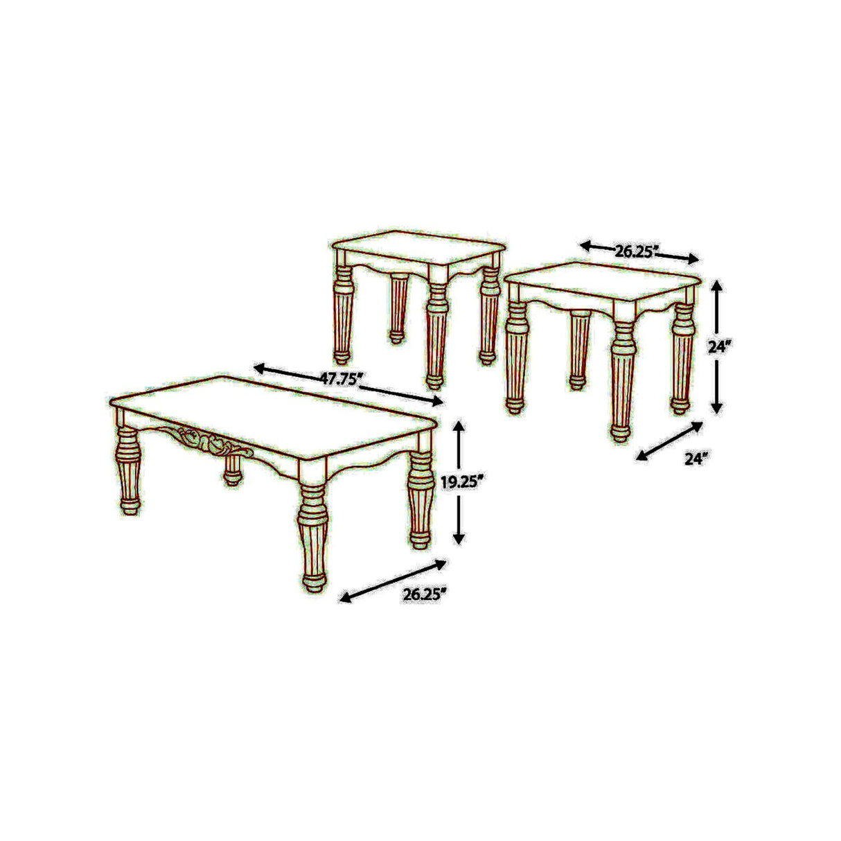 Traditional Style Wooden Table Set with Turned Legs and Faux Marble Top, Pack of Three
