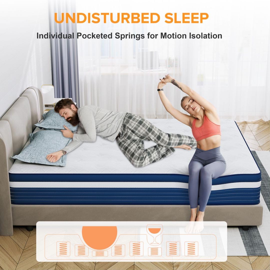 Full Size Mattress, 10 Inch Hybrid Mattress with Individual Pocketed Coil Springs and High