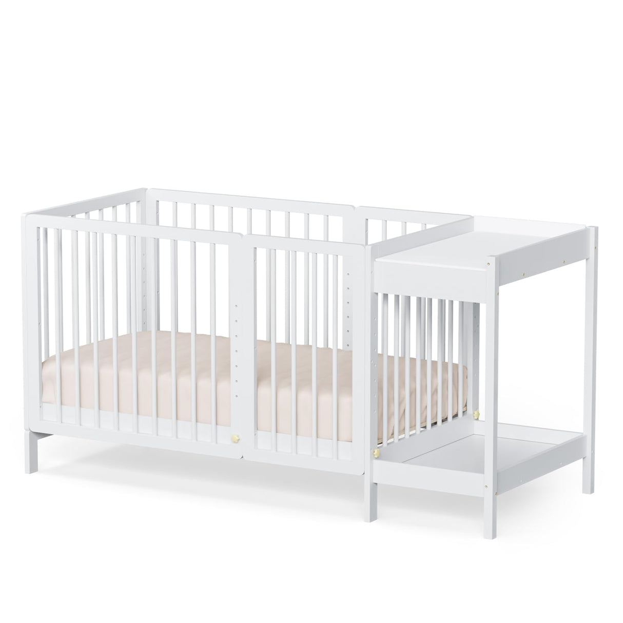Crib with Changing Table and Pad, 8 in 1 Convertible Crib with Changer, Include 2ā Mattress, Converts to Bassinet, Mid Crib, Full Size Crib, Daybed,Toddler Bed and Playard (White)