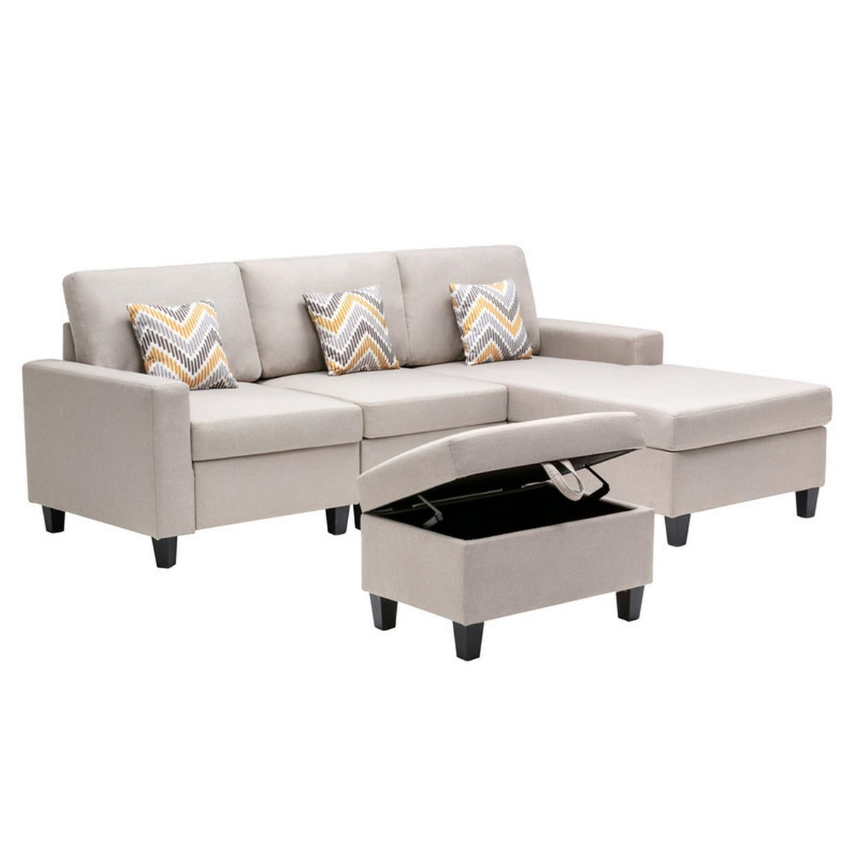 Lini 4 Piece L Shape Sofa, Reversible Chaise, Ottoman, 3 Pillows, Beige